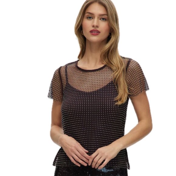 NEW Rachel Zoe Sheer Mesh Tee Adorned with All Over Rhinestones Womens M - Picture 1 of 16
